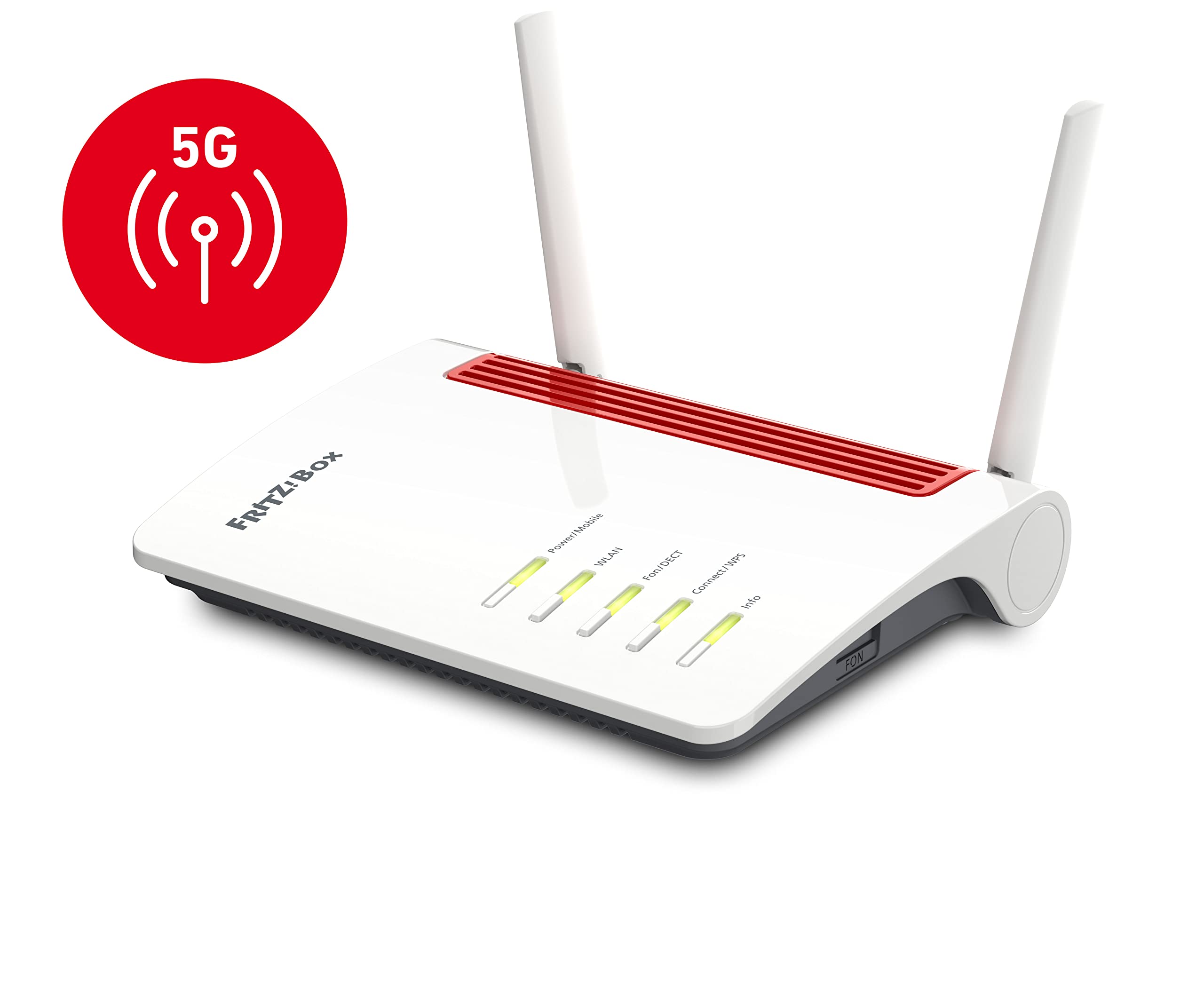 FRITZ!Box 6850 5G (Mobilfunk-Internet bis zu 1.300 MBit/s, WLAN AC+N bis 866 MBit/s (5 GHz) & 400 MBit/s (2,4 GHz), 4 x Gigabit-LAN, DECT-Basis, USB 3.0, geeignet für Deutschland)