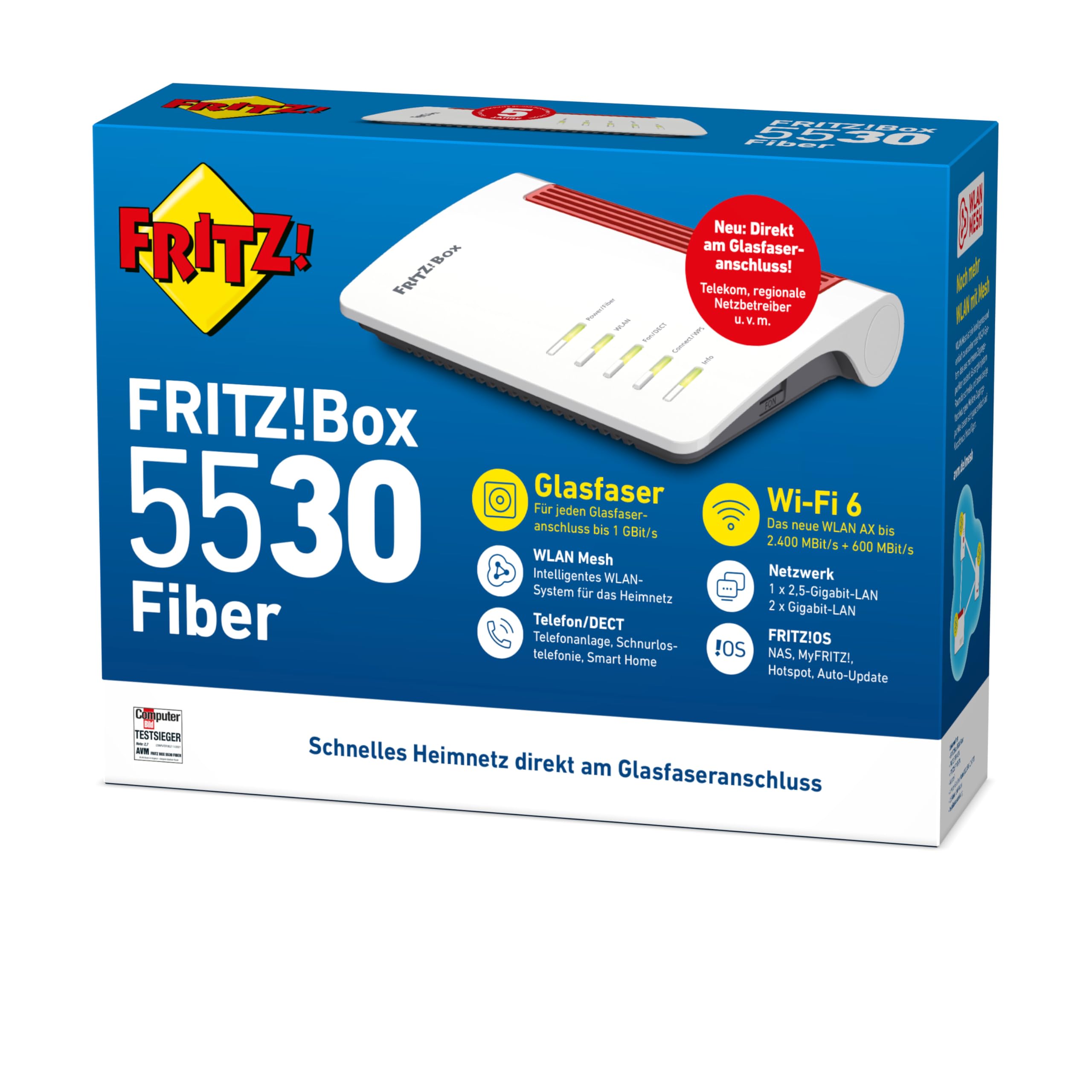 FRITZ!Box 5530 Fiber | Router für einen Glasfaseranschluss (Glasfasermodem mit 2x2 Wi-Fi 6 (WLAN AX), bis zu 3 GBit/s, 2.5-Gigabit-LAN-Port, geeignet für Deutschland)