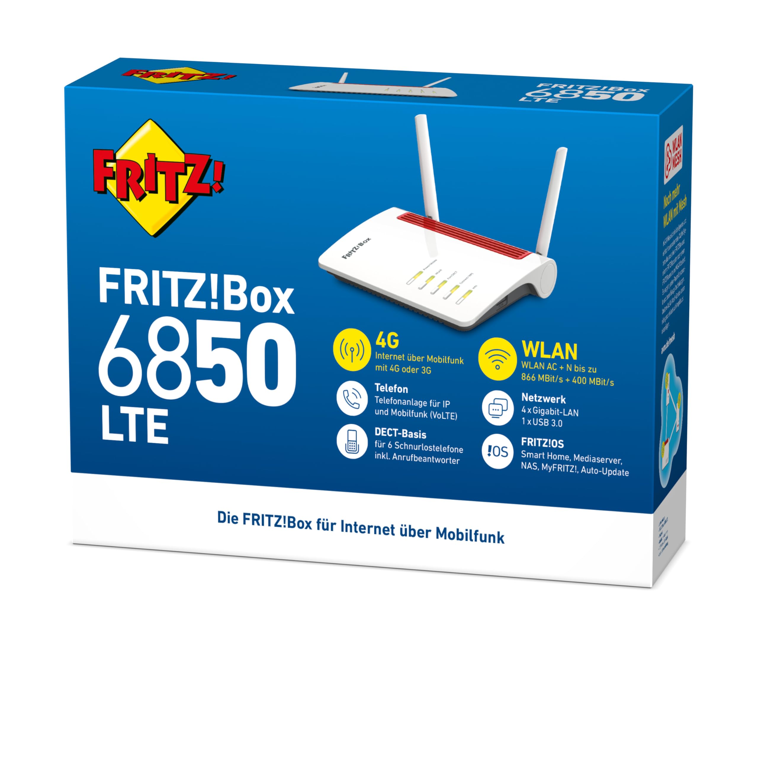 FRITZ!Box 6850 (LTE-Modem, bis zu 150 MBit/s, WLAN AC+N bis 866 MBit/s (5 GHz) und 400 MBit/s (2, 4 GHz), 4 x Gigabit-LAN, 1x USB 3.0)